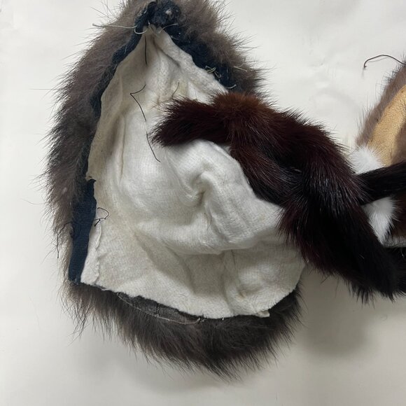 Vintage Mink Fur Hat with Tails-Brown-Real Fur–Repair Display Cosplay Halloween
